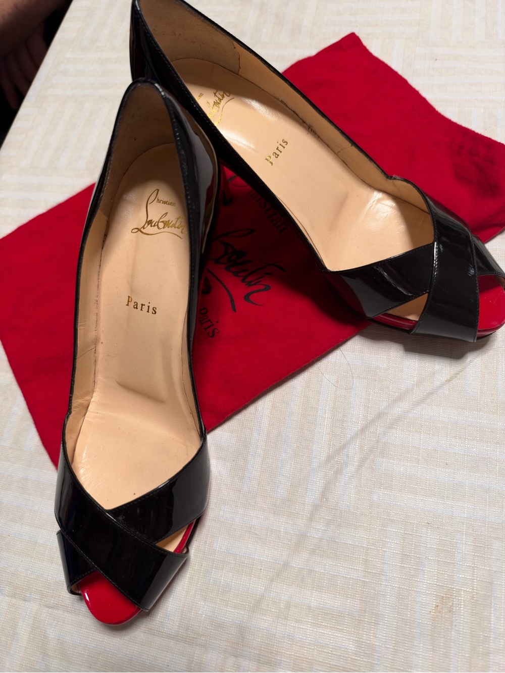 Christian Louboutin Black Patent Leather Peep-Toe Pumps with Red Soles